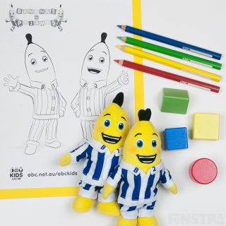 Colouring page from ABC Kids, coloured pencils, building blocks and plush beanies