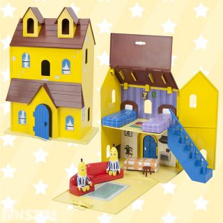 Fun House Playset with B1 and B2 plastic figurines and dollhouse. Walk B1 or B2 action figures down the stairs and the Bananas in Pyjamas theme song tune will magically start to play.