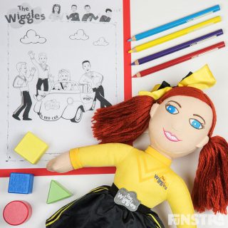 Wiggles Coloring Page, Coloured Pencils, Building Blocks and Cuddle Doll