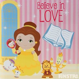 Believe in Love with Belle as she holds the magic mirror and reads a book, with Mrs. Potts, Chip, Lumière and Cogsworth