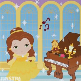 Belle playing the piano with Lumière and Cogsworth from Beauty and the Beast
