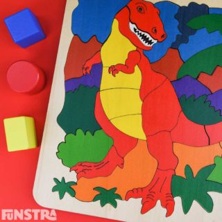 Imaginative play and learning is fun with educational dinosaur toys and the T Rex puzzle featuring a dinosaur bones skeleton and wooden building blocks!