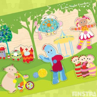 Toddlers can play and learn with a In the Night Garden jigsaw puzzle feature peg wooden puzzle pieces of Igglepiggle, Upsy Daisy, Makka Pakka riding his Og-Pog bike, the Tombliboos, the Ninky Nonk train and Pinky Ponk plane on a wooden frame tray.