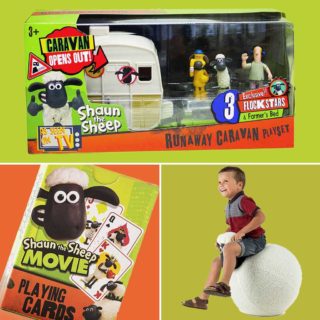 A look back at some classic Shaun the Sheep toys - runaway caravan playset and plastic action figures of Shaun, Bitzer and the Farmer, a hopper ball for bouncing and playing cards for sheepish card games with the flock.