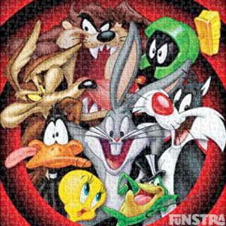 That's All Folks! Assemble the Looney Tunes puzzle pieces with Taz. Marvin the Martian, Bugs Bunny, Sylvester, Daffy Duck, Wile E. Coyote, Tweety Bird and Michigan J. Frog in the signature closing sequence.