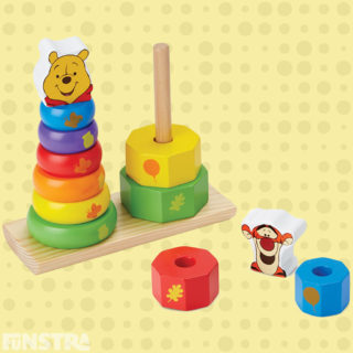 Develop fine motor skills, color recognition, matching and sorting skills with rainbow wooden stacking rings puzzle featuring Pooh and Tigger building blocks from Melissa & Doug educational toys.