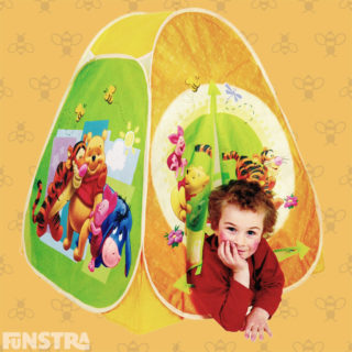 A play tent with a bright and colorful design of Tigger, Pooh, Piglet and Eeyore makes a fabulous playhouse or hideaway for playing games and creative play.