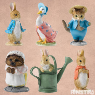 Beatrix Potter miniature figurines collection consists of Petter Rabbit, Jemima Puddle-Duck, Tom Kitten, Mrs. Tiggy-winkle and Flopsy.