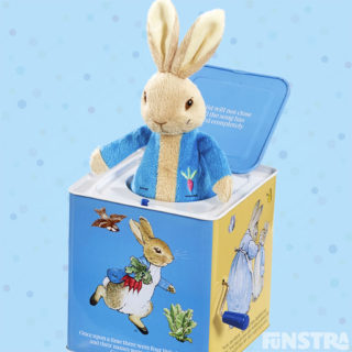 The Peter Rabbit wind-up jack-in-the-box is a traditional toy will entertain children with a music box the plays a tune as you turn the handle and Peter Rabbit soft toy jumps out of the classic box to surprise.