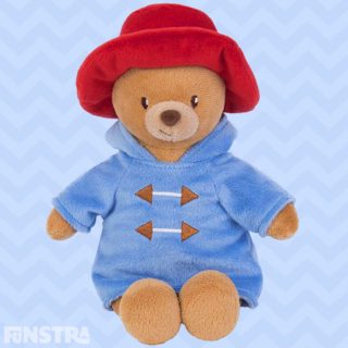 Adorable My First Paddington Bear plush soft toy by Rainbow Designs for newborn babies made from soft velour of Michael Bond's timeless bear wearing his famous red hat and blue duffle coat with a hood and embroidered detailing.