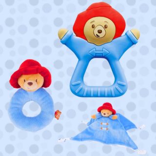The Paddington baby range features a Paddington shaped teether, ring rattle, and a cuddly comfort security blanket that encourages eye-hand coordination.