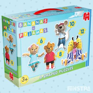 Four shaped jigsaw puzzles of B1, B2, Rat in a Hat and the teddies, Ammy, Morgan and Lulu are a fun game for little bananas fans. A Bananas in Pyjamas puzzle can help cognitive development and improve problem solving skills.