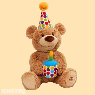 The animated Happy Birthday Bear delivers the brightest birthday smiles ever! Just squeeze his hand and the adorable plush pal will move and sing 'Happy Birthday' as the candle in the cupcake he's holding lights up. Then he'll even help the lucky birthday boy or girl blow the candle out.