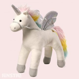 My Magical Sound & Lights Unicorn is a magnificent animated plush unicorn with rainbow and sparkle accents, featuring light-up wings and sparkling sounds when you pet its back.