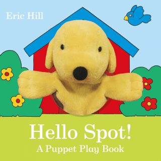 A super-fun interactive book with a gorgeous and soft Spot plush hand puppet that is great for storytelling and encourages children to sing, bop, nod and wave along with Spot and his friends, in 'Hello Spot! A Puppet Play Book' by Eric Hill.