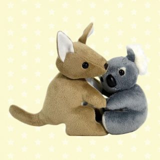 Best friends and native marsupials to Australia, the kangaroo and koala stuffed animals are hugging, snuggling and cuddling. Made by Jumbuck with ultra-soft finest plush material.