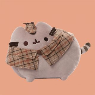 Purrlock Holmes features Detective Pusheen the cat wearing a Sherlock-Holmes inspired tweed pattern cap and cape that's perfect for sleuthing.