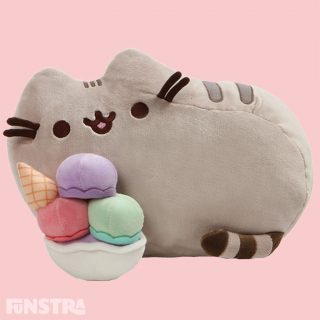 Pusheen gives new meaning to a Lazy Sundae with this sweet and adorable plush, enjoying a delicious ice cream sundae, complete with an ice cream cone in a bowl, with toe bean embroidered paw details across the bottom of the plush stuffed toy.