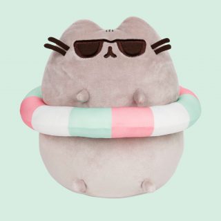 Pusheen is ready for fun in the sun in a pastel-striped tube and embroidered sunglasses and face details.