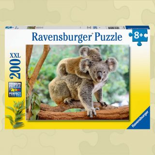 Ravensburger Puzzle showcases a koala with baby joey on her back. The 200 piece jigsaw puzzle enhances cognitive development and problem solving skills.