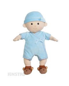 Apple Park's organic boy baby doll wears a blue  onesie, bear cub bootie shoes, a hat and features beautifully embroidered eyes, nose, and smile and hand-painted rosy cheeks.