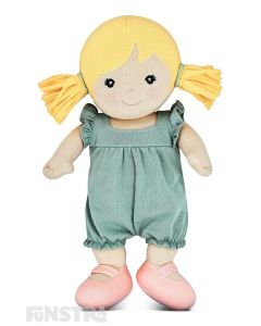 Apple Park's organic girl toddler doll, Chloe, wears a green romper, pink shoes and features beautifully embroidered eyes, nose, and mouth and hand-painted rosy cheeks.