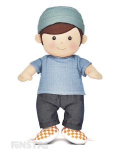 Apple Park's organic boy toddler doll, Theo, wears a blue shirt, navy pants, orange and white shoes, a green hat and features beautifully embroidered eyes, nose, and mouth and hand-painted rosy cheeks.
