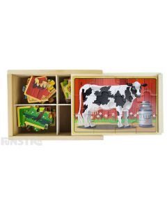 Four puzzles feature the horse, cow, chicken and pig farm animals and come packed in a wooden box to assemble and frame the puzzle.