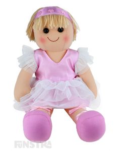 Bonnie is an elegant doll with a soft cloth body and blonde hair held back with a headband and wears a pink tulle tutu and ballet slippers.