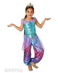 Experience a whole new world with Genie and his magic lamp and fly on your magic carpet when you dress up as Jasmine from Aladdin with this beautiful Disney Princess costume for children.