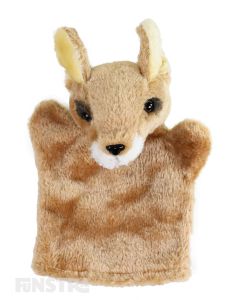 Soft and cuddly kangaroo hand puppet with brown, beige and white fur.