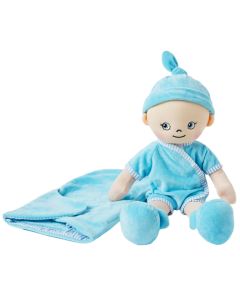Ollie is a baby boy rag doll with a soft cloth body and wears a nappy, blue jumpsuit and bonnet and comes with a sleeping bag.