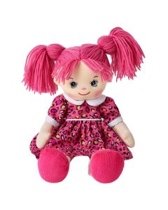 Claire is a funky rag doll with a soft cloth body and pink hair and wears a pink leopard dress and loves to eat ice cream and play soccer.