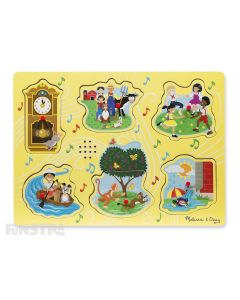Sing along to the nursery rhymes with this fun sound jigsaw puzzle from Melissa & Doug, featuring Hickory Dickory Dock, The Farmer in the Dell, Ring Around the Rosie, Row, Row, Row Your Boat, Pop Goes the Weasel, and The Itsy Bitsy Spider.