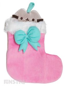 Pusheen peeking out of the stocking can hold a lot of treats for good little kitties, featuring plush fabric stocking, with a fluffy white, soft trim!