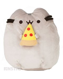 Pusheen is super happy to be eating a slice of pepperoni pizza, with cute facial features on this cuddly toy from GUND.