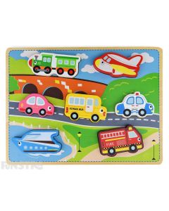 Toddlers can learn and play with this wooden puzzle design that features transport vehicles with a train, airplane, car, school bus, police car, boat and fire engine.